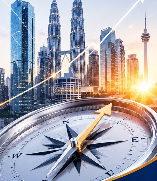 Financial compass and Kuala Lumpur skyline for C&C growth partner positioning